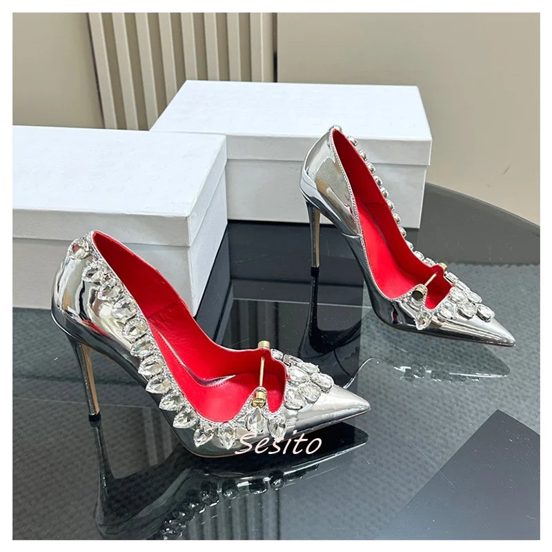 Crystal Trim Patent Leather Stiletto Pumps