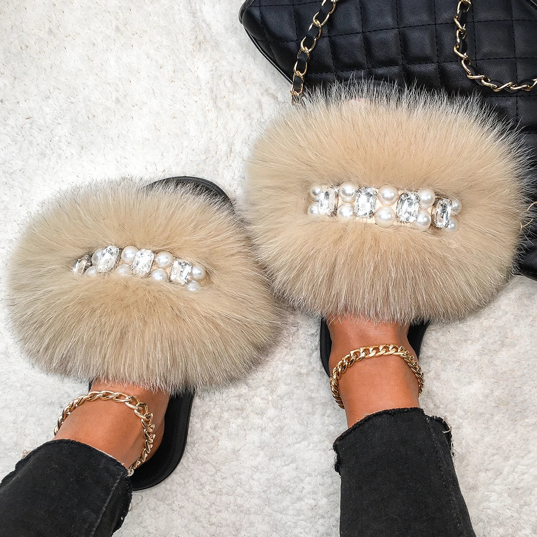 Plush Pearl Fox Fur Slides Slippers