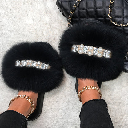 Plush Pearl Fox Fur Slides Slippers