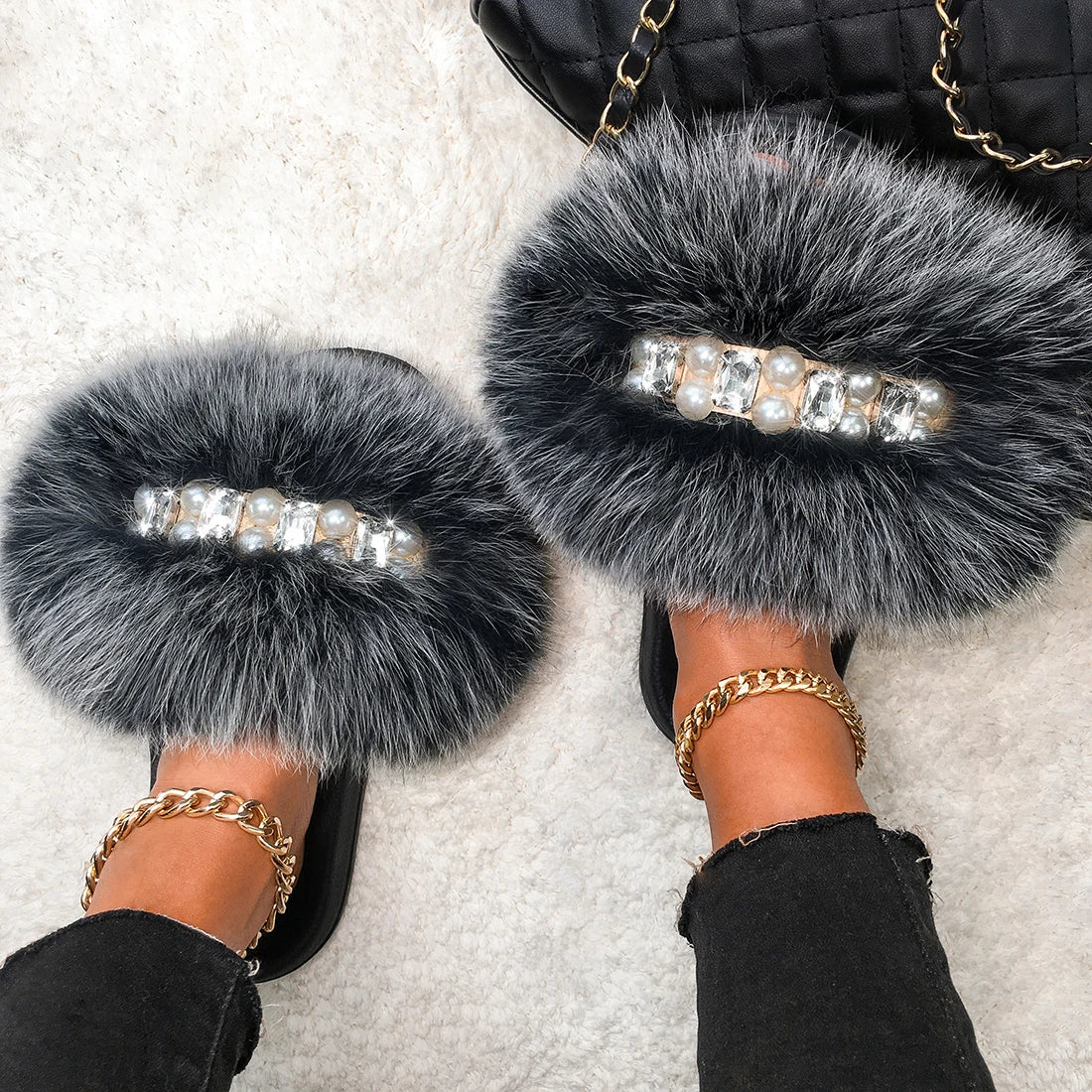 Plush Pearl Fox Fur Slides Slippers