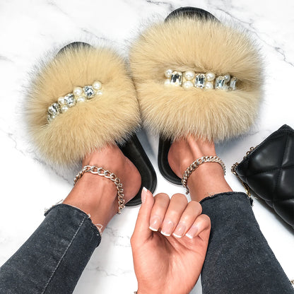 Plush Pearl Fox Fur Slides Slippers