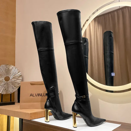 Soft Stretch Leather Thigh High Boots