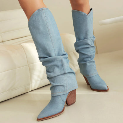 Denim Sleeve Knee High Boots