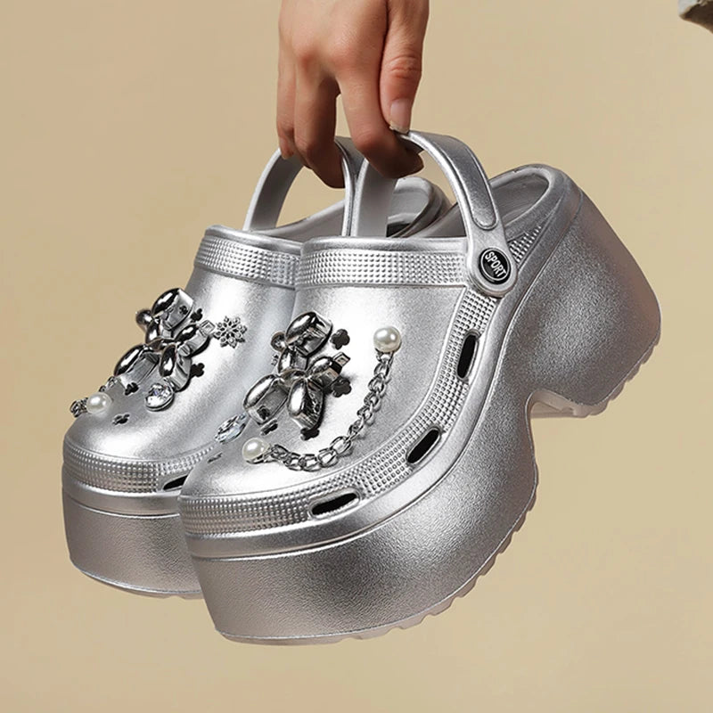 Silver Platform Crocs