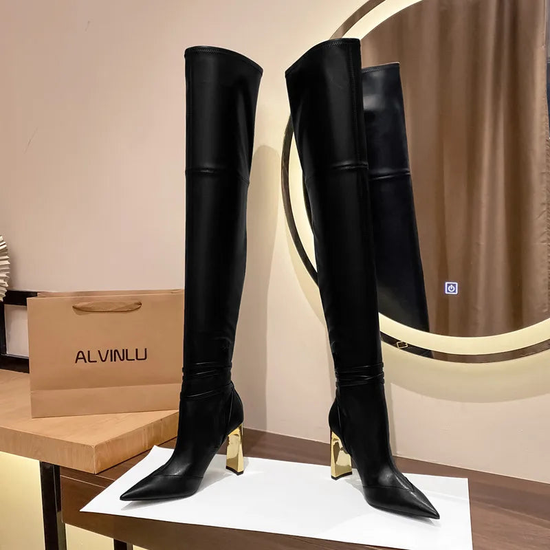 Soft Stretch Leather Thigh High Boots