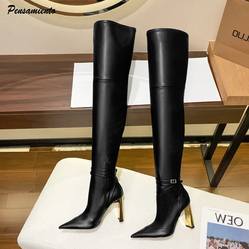 Soft Stretch Leather Thigh High Boots